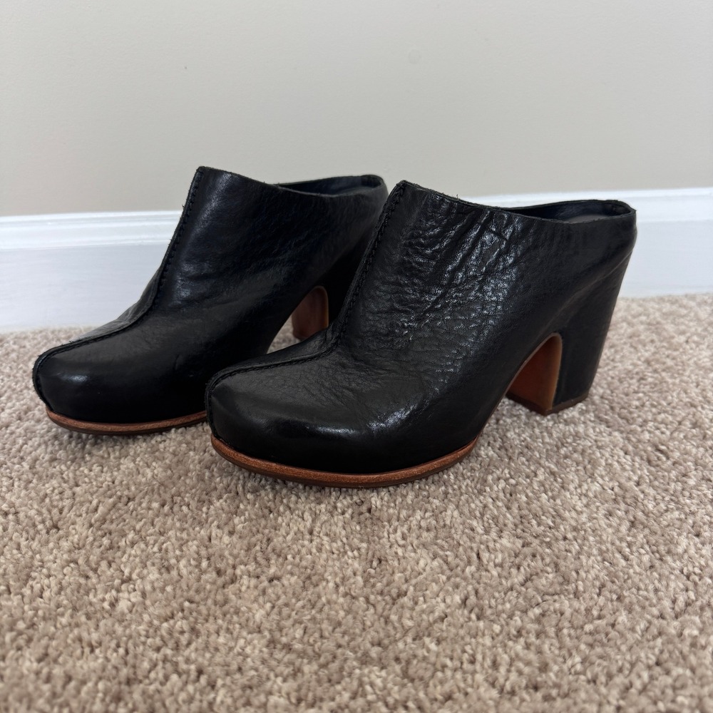 Kork-Ease Black Leather Mule Clogs Block Heel Slip On Shoes K66703 Womens 7M